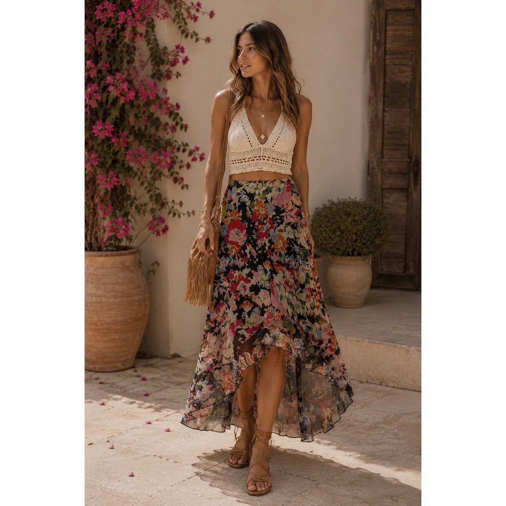 Boho Festival Cottage Floral Black Multicolored Ruffle High Low Hem S Midi Skirt